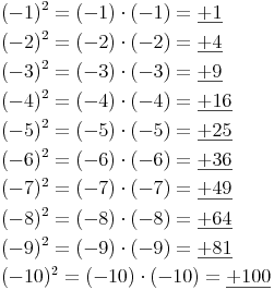 \begin{align} & (-1)^2 = (-1) \cdot (-1) = \underline{+1} \\ & (-2)^2 = (-2) \cdot (-2) = \underline{+4} \\ & (-3)^2 = (-3) \cdot (-3) = \underline{+9} \\ & (-4)^2 = (-4) \cdot (-4) = \underline{+16} \\ & (-5)^2 = (-5) \cdot (-5) = \underline{+25} \\ & (-6)^2 = (-6) \cdot (-6) = \underline{+36} \\ & (-7)^2 = (-7) \cdot (-7) = \underline{+49} \\ & (-8)^2 = (-8) \cdot (-8) = \underline{+64} \\ & (-9)^2 = (-9) \cdot (-9) = \underline{+81} \\ & (-10)^2 = (-10) \cdot (-10) = \underline{+100} \\ \end{align}