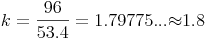 k={\frac{96}{53.4}}=1.79775...{\approx}1.8